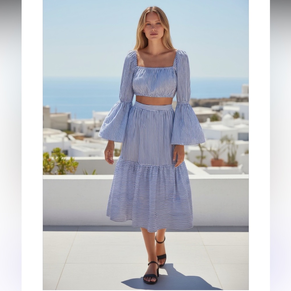 STAUD Blue and White Striped Midi Skirt Set
